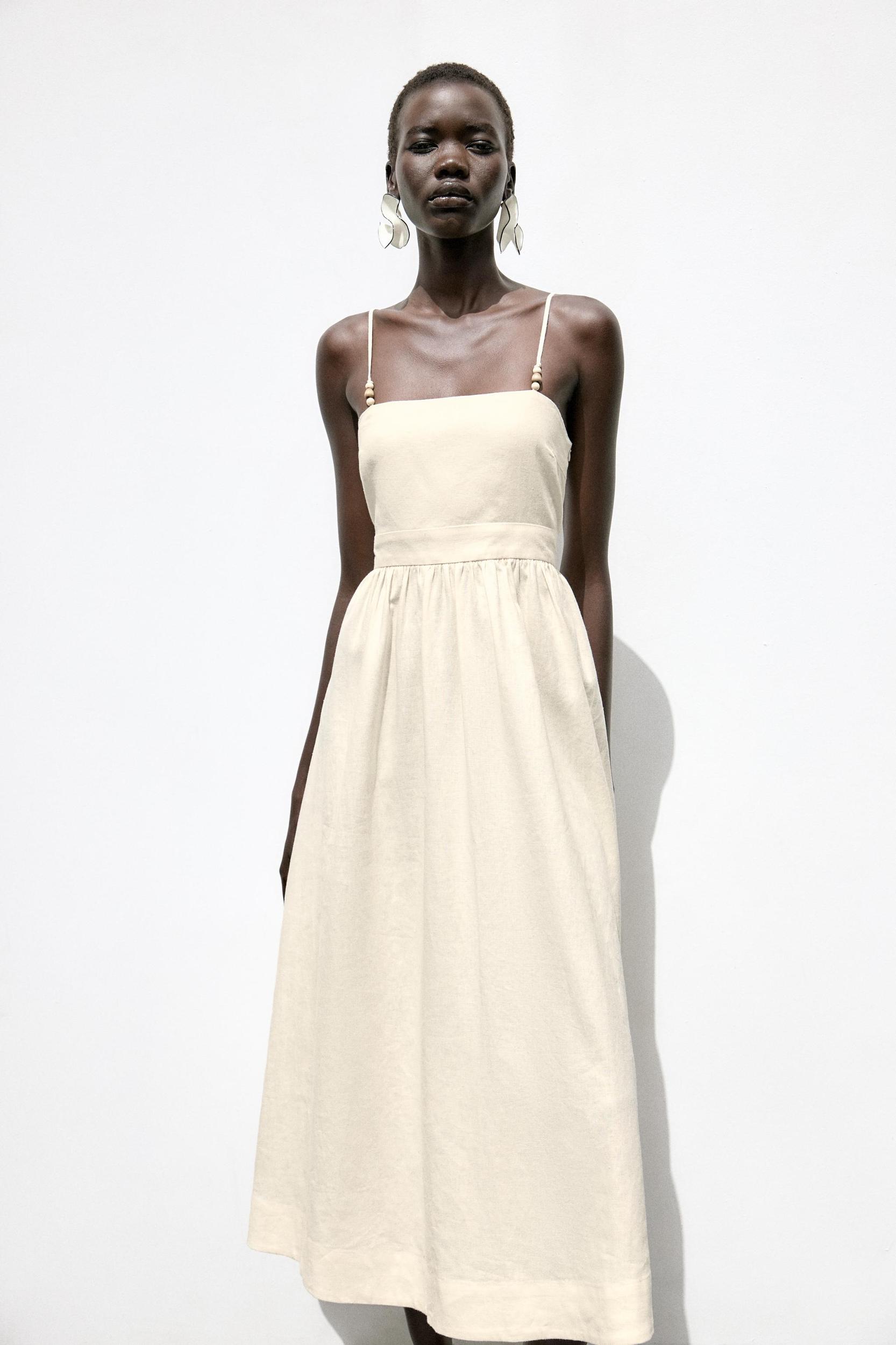 LINEN BEADED STRAP MIDI DRESS Product Image