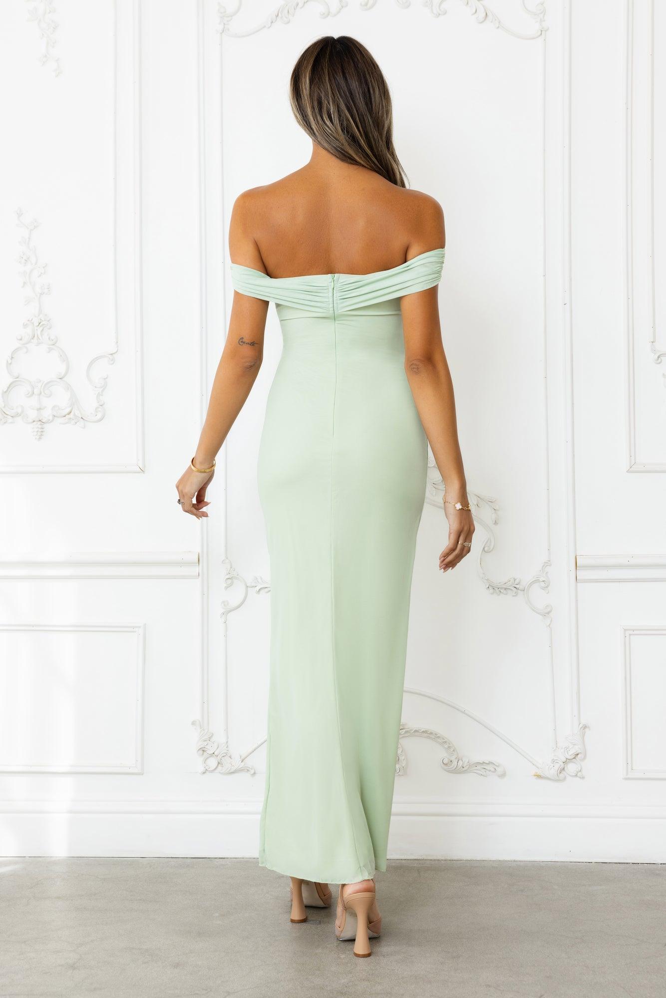 Stepping Back Off Shoulder Mesh Maxi Dress Sage Product Image