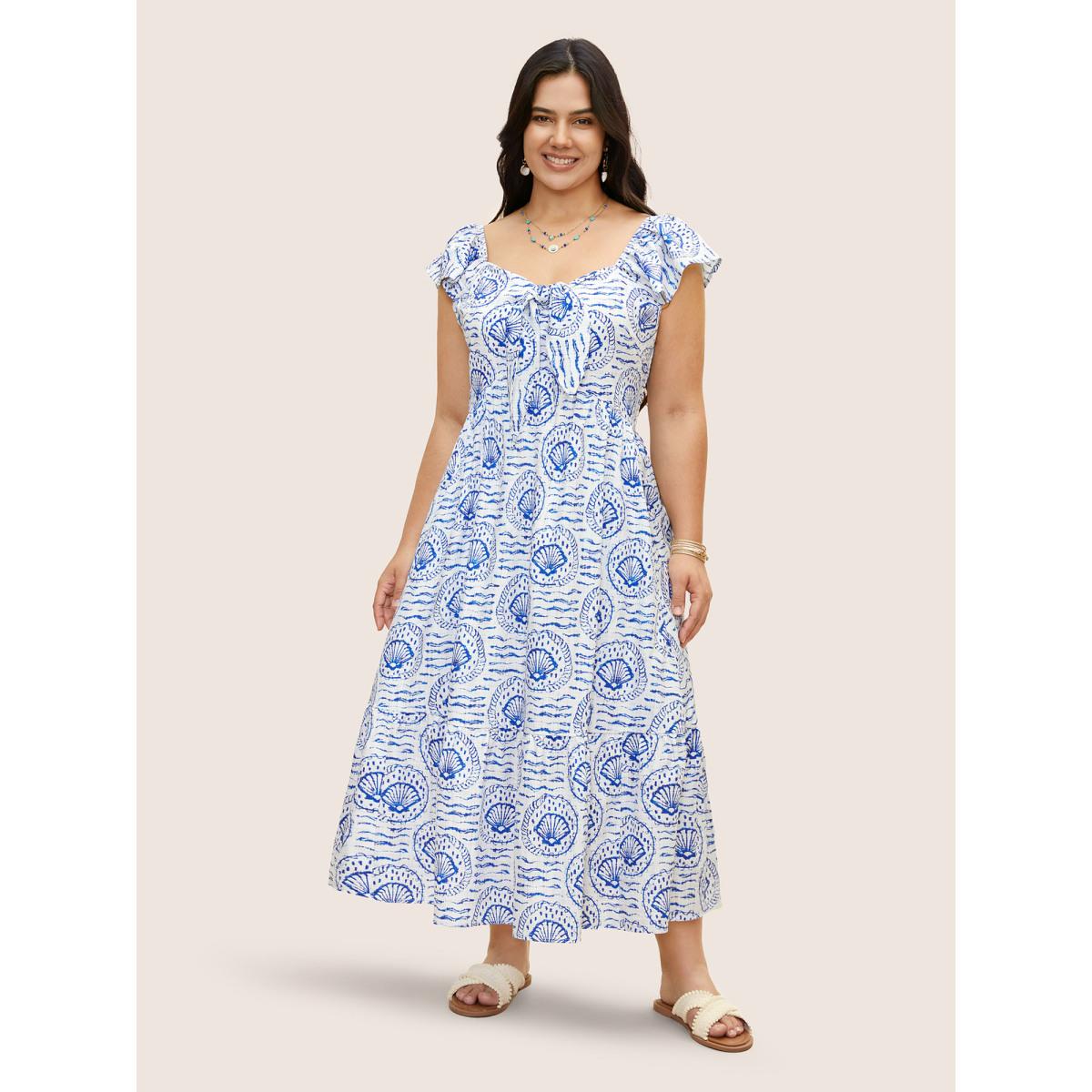 Plus Size Marine Elements Ruffles Tie Knot Maxi Dress LightBlue Women Resort Tie knot Heart neckline Cap Sleeve Curvy BloomChic 28/5X Product Image