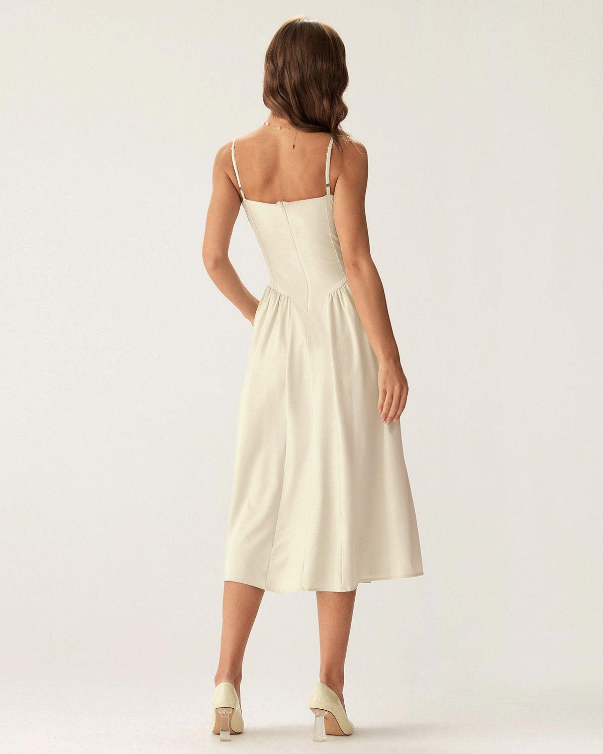 Beige Square Neck Pocket Slip Midi Dress Product Image