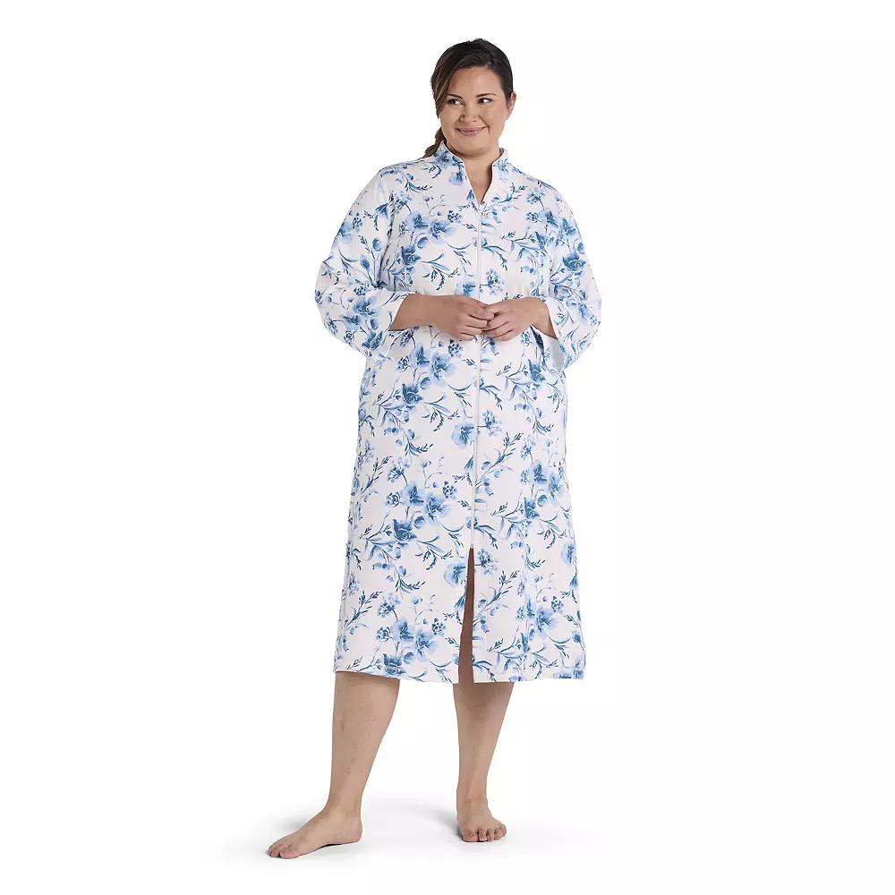 Plus Size Miss Elaine Essentials Quilt-In-Knit Collared Long Robe, Women's, Size: 1XL, Blue Floral Product Image