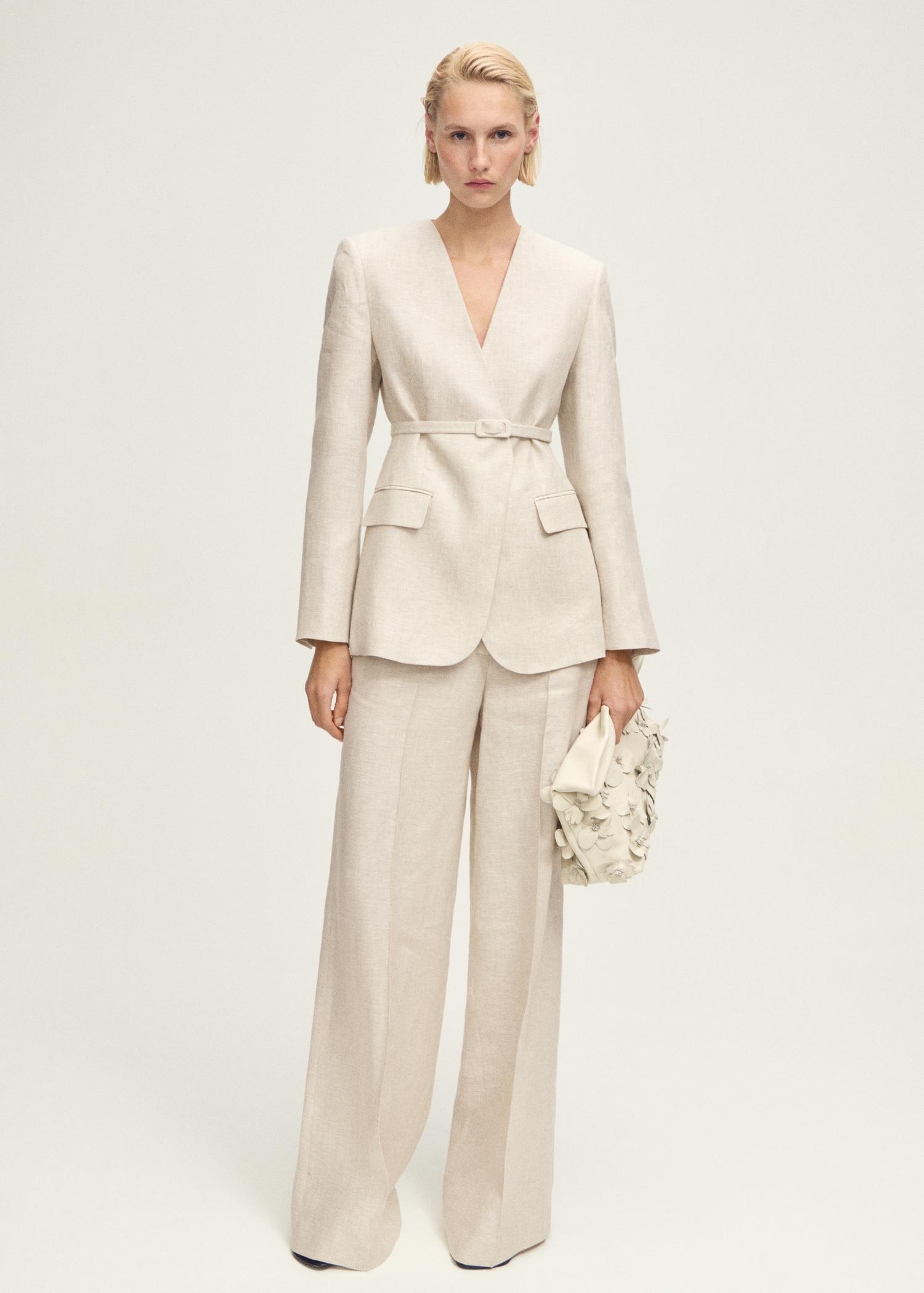 Linen suit blazer with belt - Women | MANGO USA Product Image