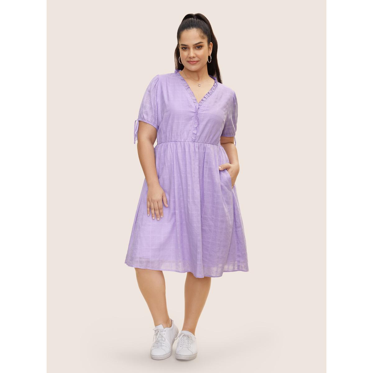 Plus Size Plaid Drawstring Puff Sleeve Frill Trim Dress Lilac Women Casual V-neck Short sleeve Curvy BloomChic 18-20/2X Product Image