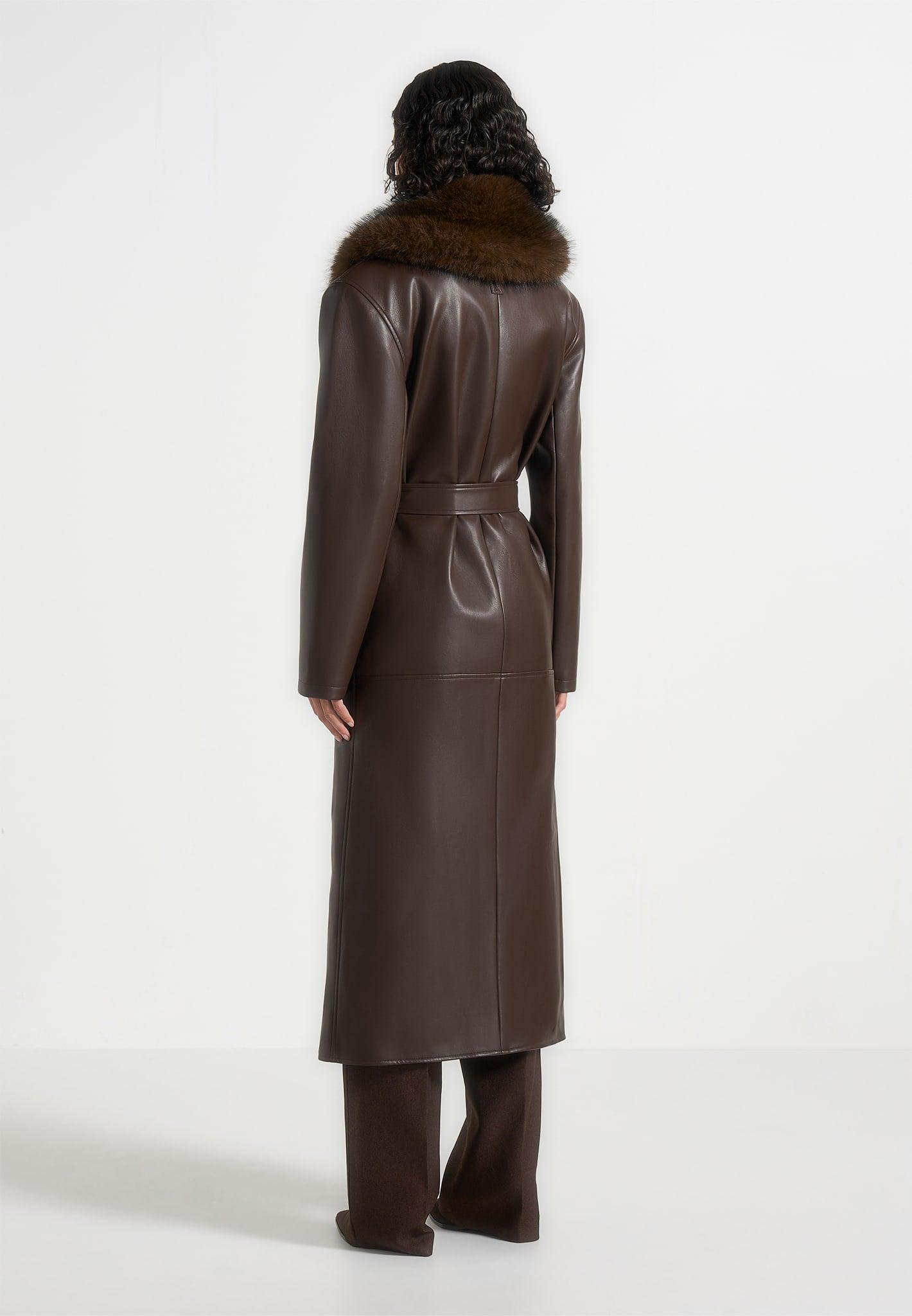 Cenya - Fur Collar Belted Leather Coat - Brown Female Product Image