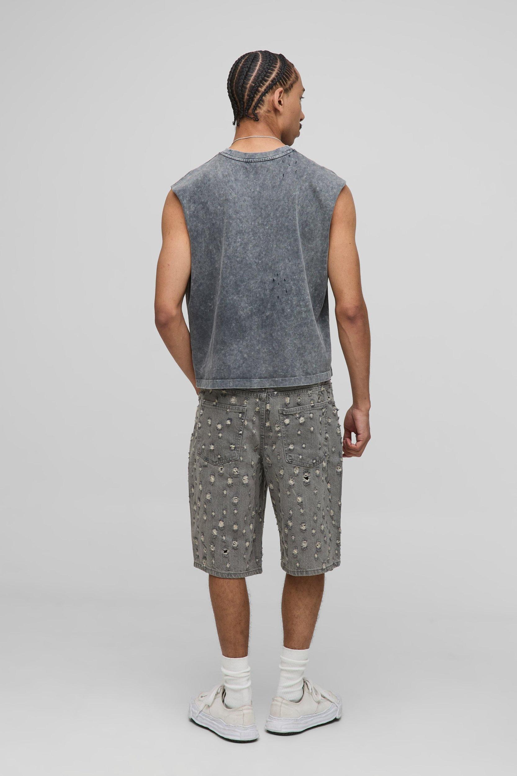 Relaxed Long Length Grey Washed Ripped Jean Shorts | boohooMAN USA Product Image
