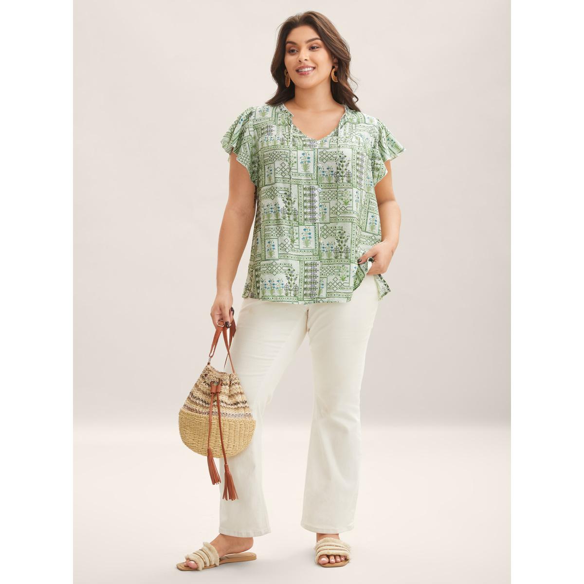 Plus Size Moss Serene Leaf Collage Flutter Sleeve Blouse Women Short sleeve Notched collar Vacation Blouses BloomChic 14-16/1X Product Image