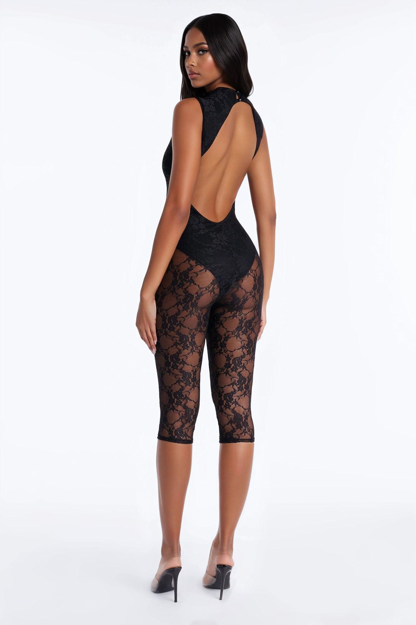 Miley Backless Lace Capri Catsuit - Black Female Product Image