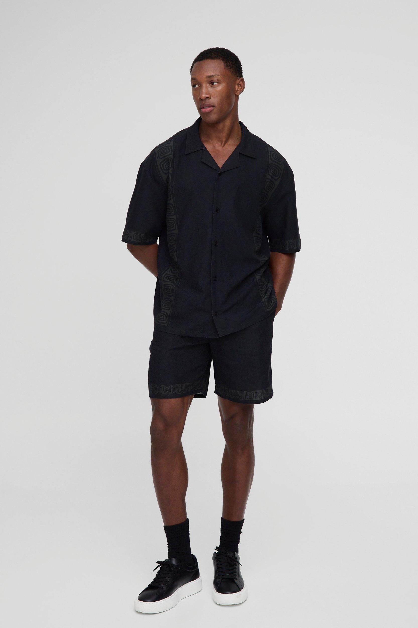 Oversized Linen Look Border Print Shirt & Short Set | boohooMAN USA Product Image