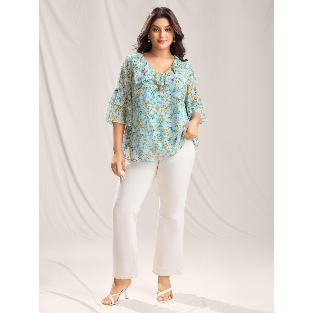 Plus Size LightBlue Floral Print Ruffled Layered Sleeve Blouse Women Romantic Short sleeve V-neck Elegant Blouses BloomChic 10/M Product Image