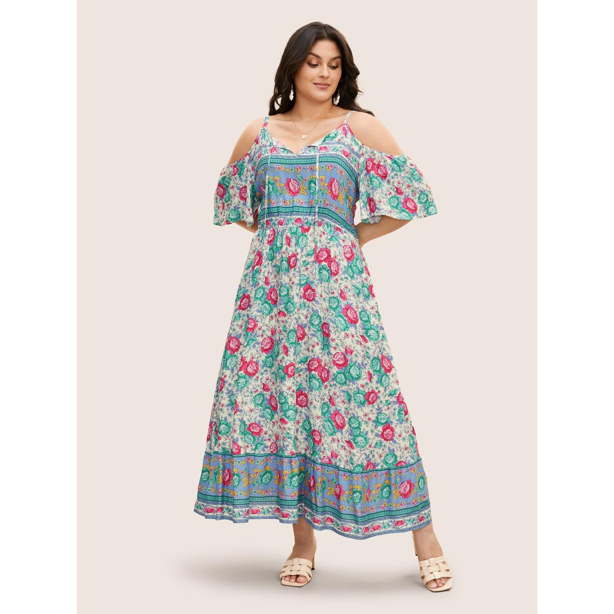 Plus Size Floral Print Pocket Keyhole Ruffles Cold Shoulder Maxi Dress Bluepurple Women Resort Non Non Half Sleeve Curvy Long Dress BloomChic 18-20/2X Product Image