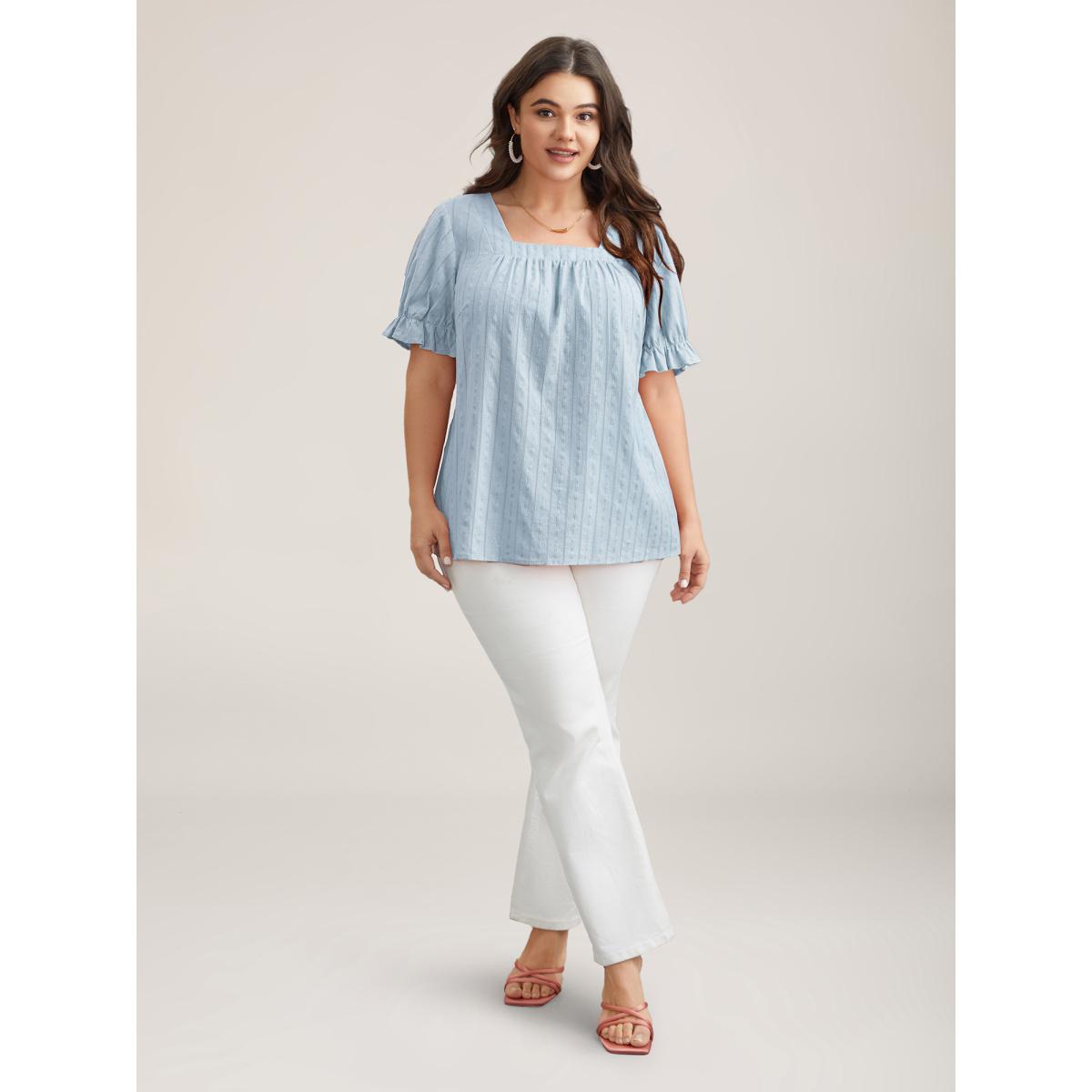 Plus Size LightBlue Cotton Square Neck Ruffled Sleeve Shirt Women Timeless Short sleeve Square Neck Elegant Blouses BloomChic 30/6X Product Image