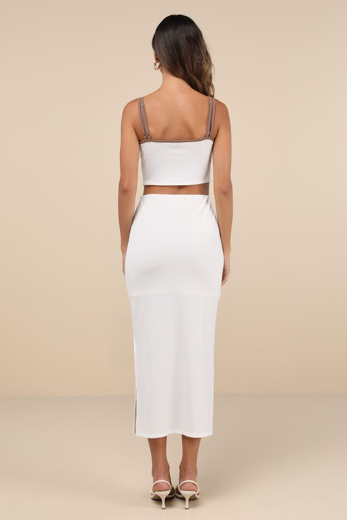 Trendy Match White and Brown Ribbed Two-Piece Midi Dress Product Image