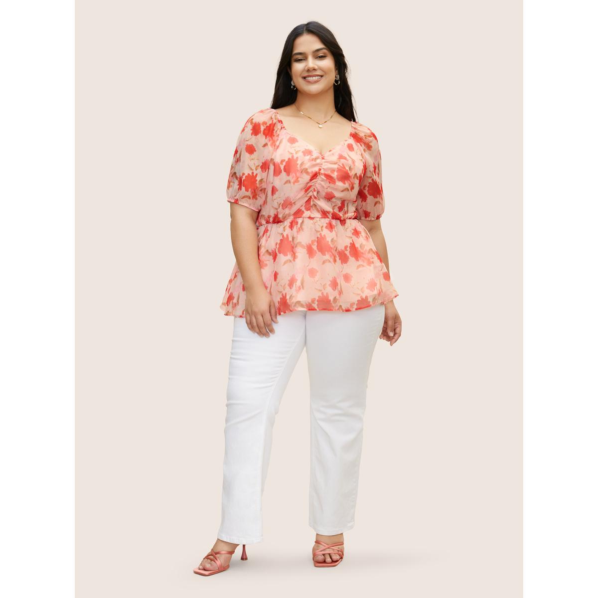 Plus Size Multicolor Floral Elastic Waist Mesh Ruched Blouse Women Elegant Short sleeve Heart neckline Everyday Blouses BloomChic 14-16/1X Product Image