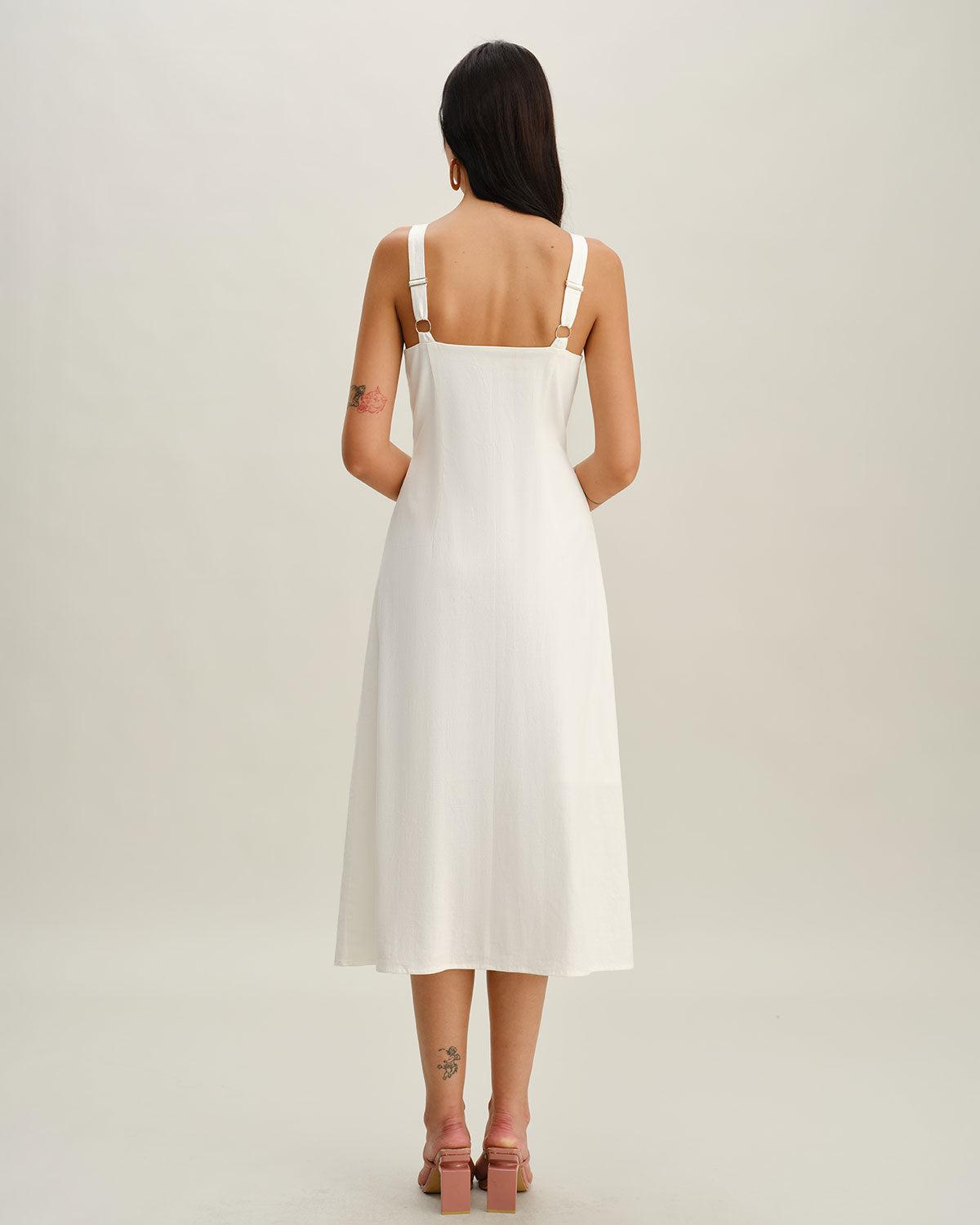 White Square Neck Button Slip Midi Dress Product Image