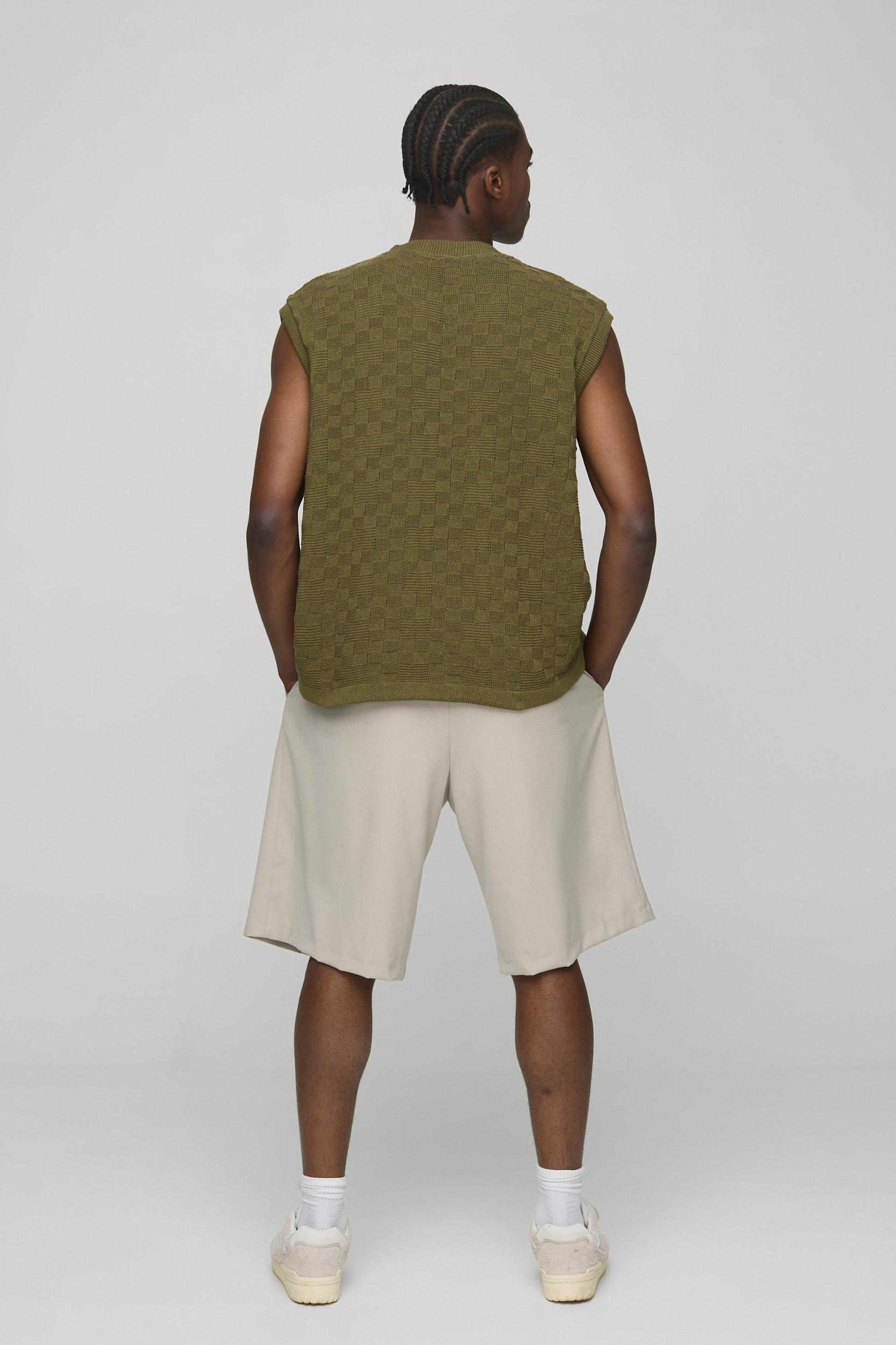 Oversized Geometric Stitch Knitted Tank | boohooMAN USA Product Image