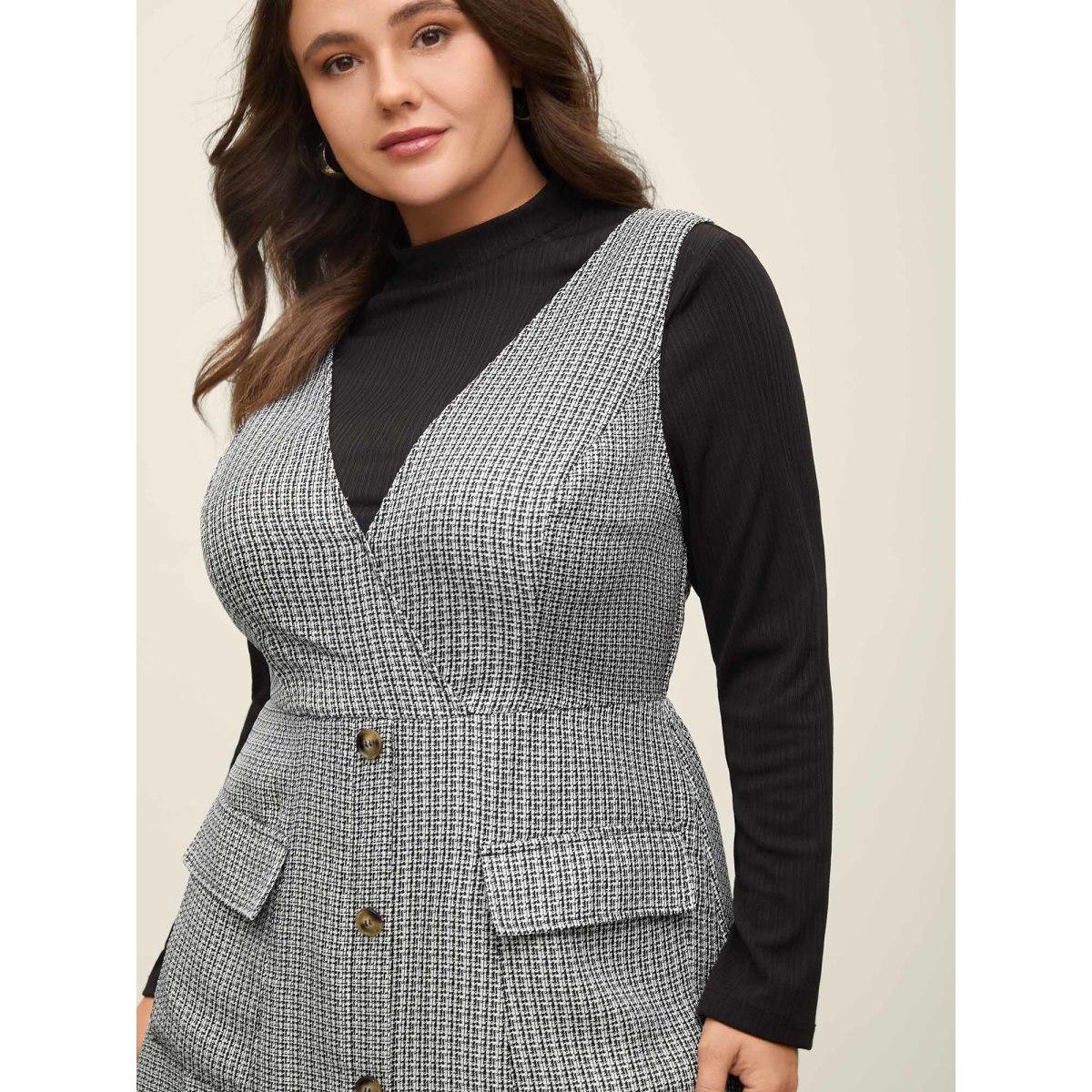 Plus Size Houndstooth Button Detail Pockets Knee Dress Black Women Overlap Collar Sleeveless Curvy BloomChic 14-16/1X Product Image