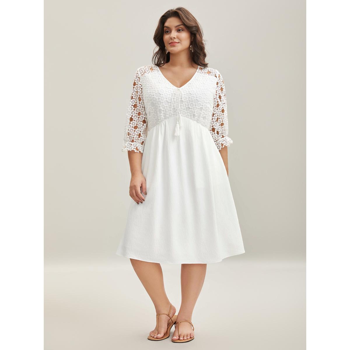 Plus Size Sheer Lace Sleeve Pockets Flowy Midi Dress Ivory Women V-neck Elbow-length sleeve Curvy BloomChic 10/M Product Image