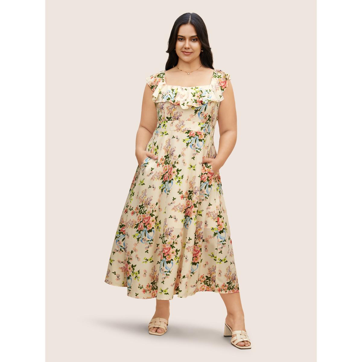 Plus Size Square Neck Floral Ruffle Trim Dress Beige Women Elegant Ruffles Square Neck Sleeveless Curvy BloomChic 22-24/3X Product Image