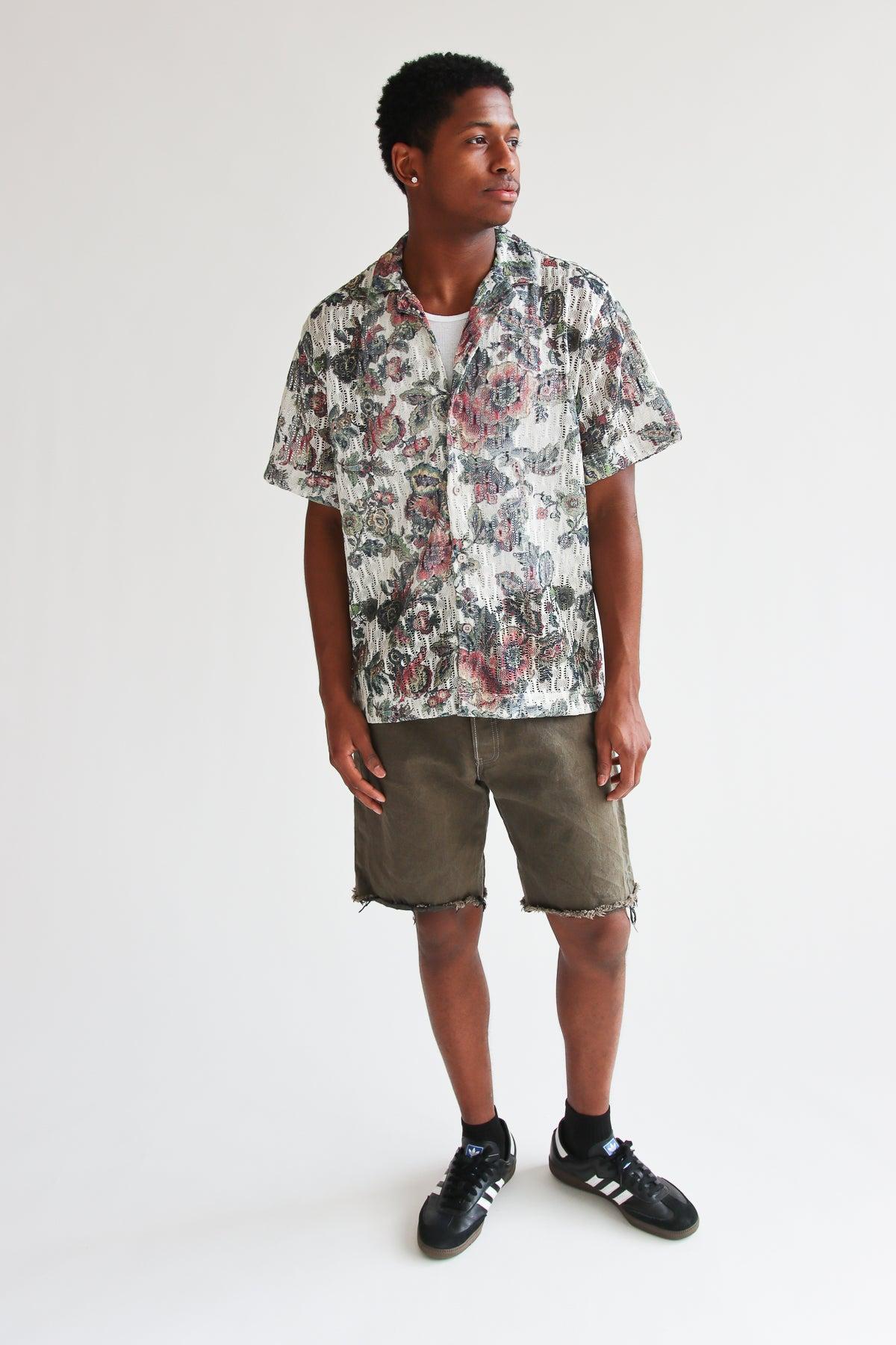 Printed Floral Open Knit Button Up Shirt Product Image