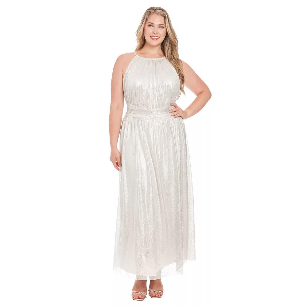 Plus Size London Times Ruched Halter Neck Shimmer Maxi Dress, Women's, Size: 18 W, Silver Product Image