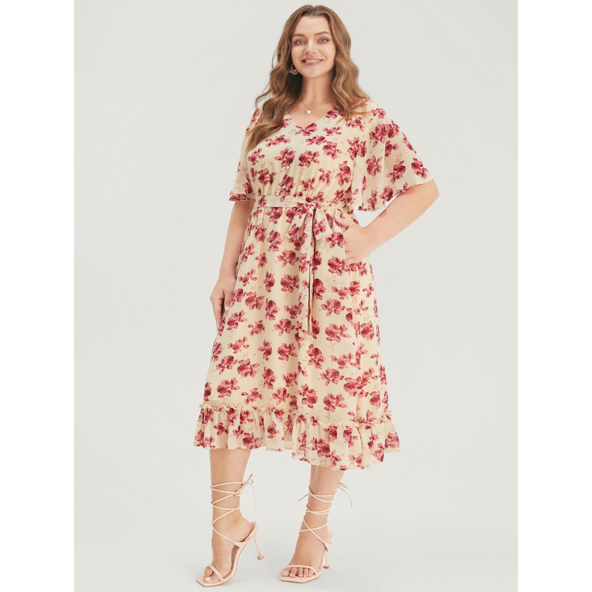 Plus Size Floral Print Pearl Beaded Pocket Belt Ruffle Hem Dress DustyPink Women Elegant Lined V-neck Short sleeve Curvy Midi Dress BloomChic 12/L Product Image