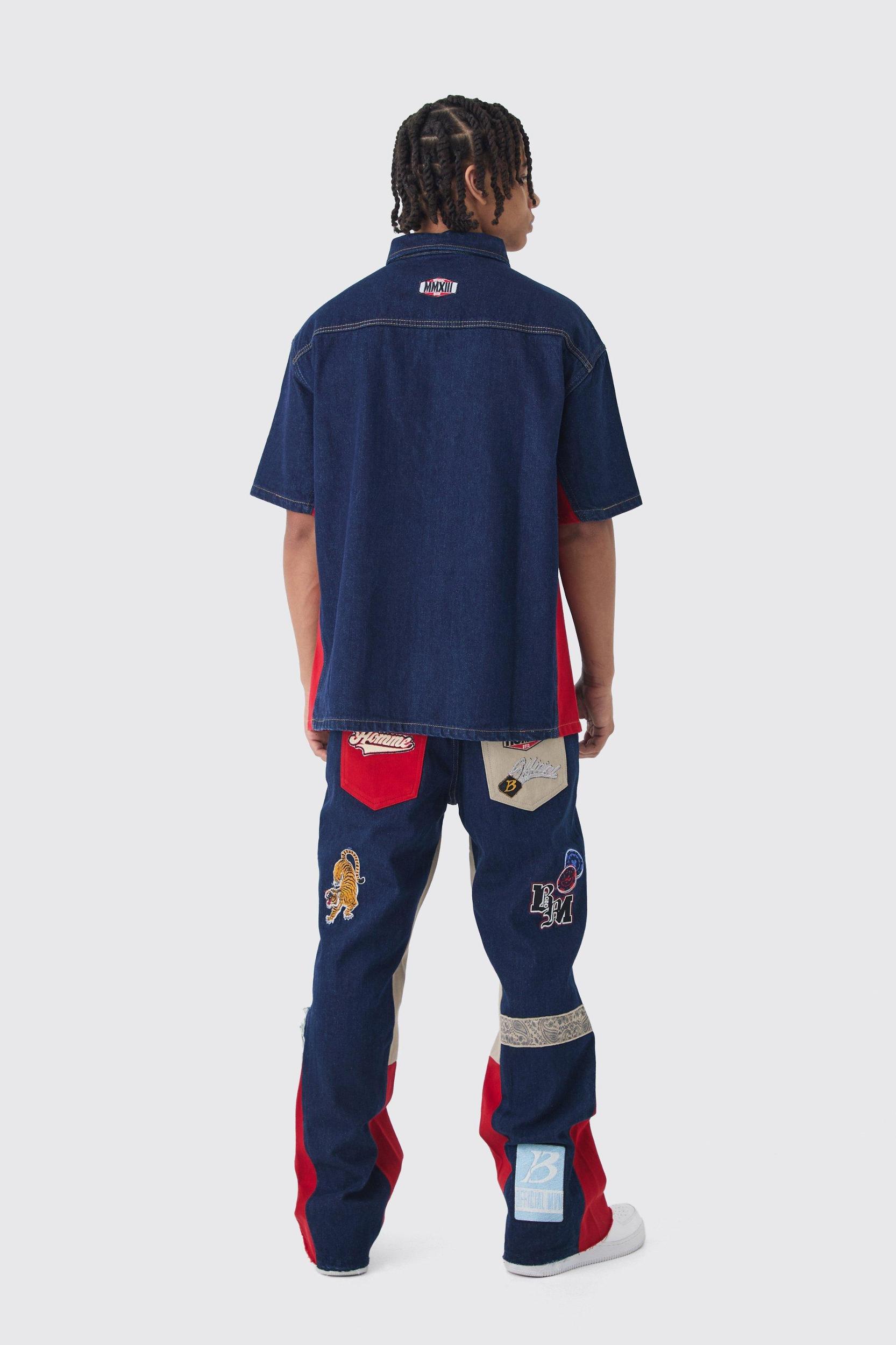 Relaxed Flare Rigid Gusset Applique Badge Jeans | boohooMAN USA Product Image