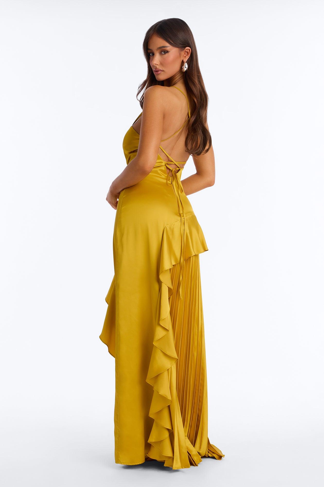 Veronica Pleated Ruffle Satin Gown - Gold Female Product Image