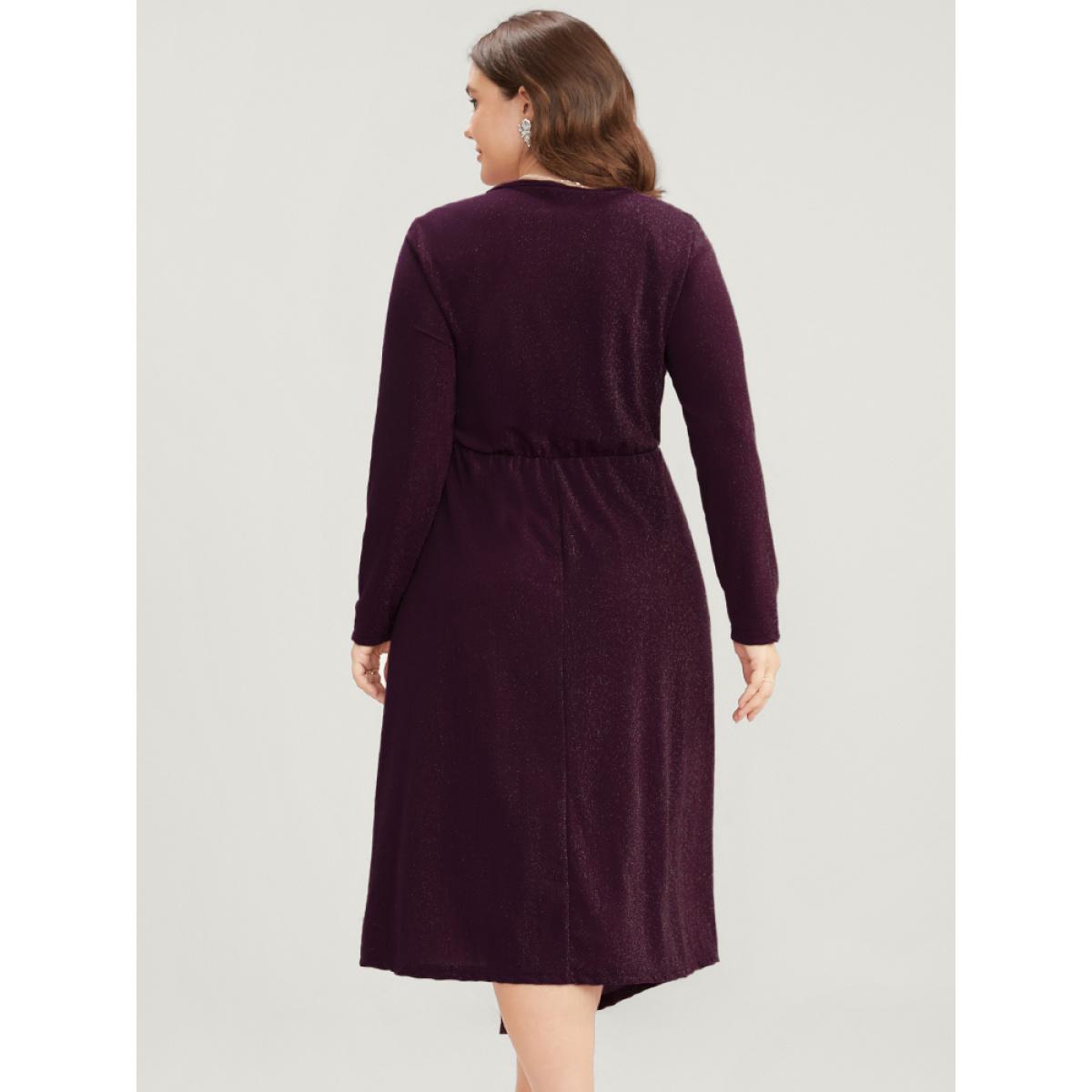 Plus Size Sequin Wrap Knotted Side Pocket Asymmetrical Hem Dress Eggplant Women Party Knotted V-neck Long Sleeve Curvy Midi Dress BloomChic 30/6X Product Image