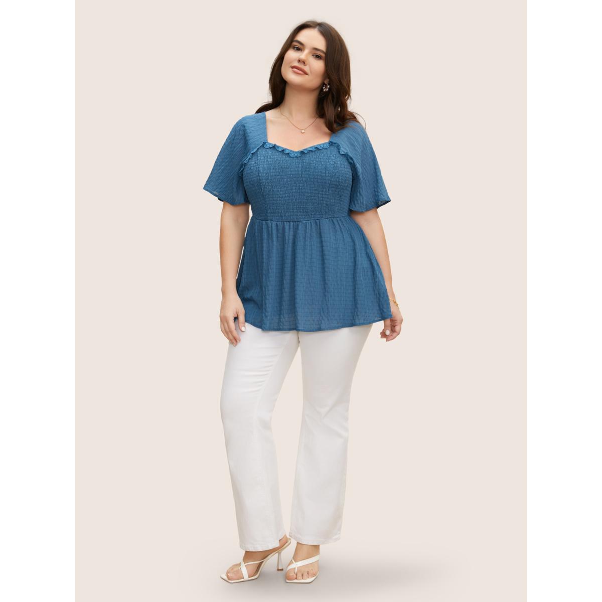 Plus Size Cerulean Plain Textured Frill Trim Ruffle Sleeve Blouse Women Elegant Short sleeve Heart neckline Everyday Blouses BloomChic 12/L Product Image