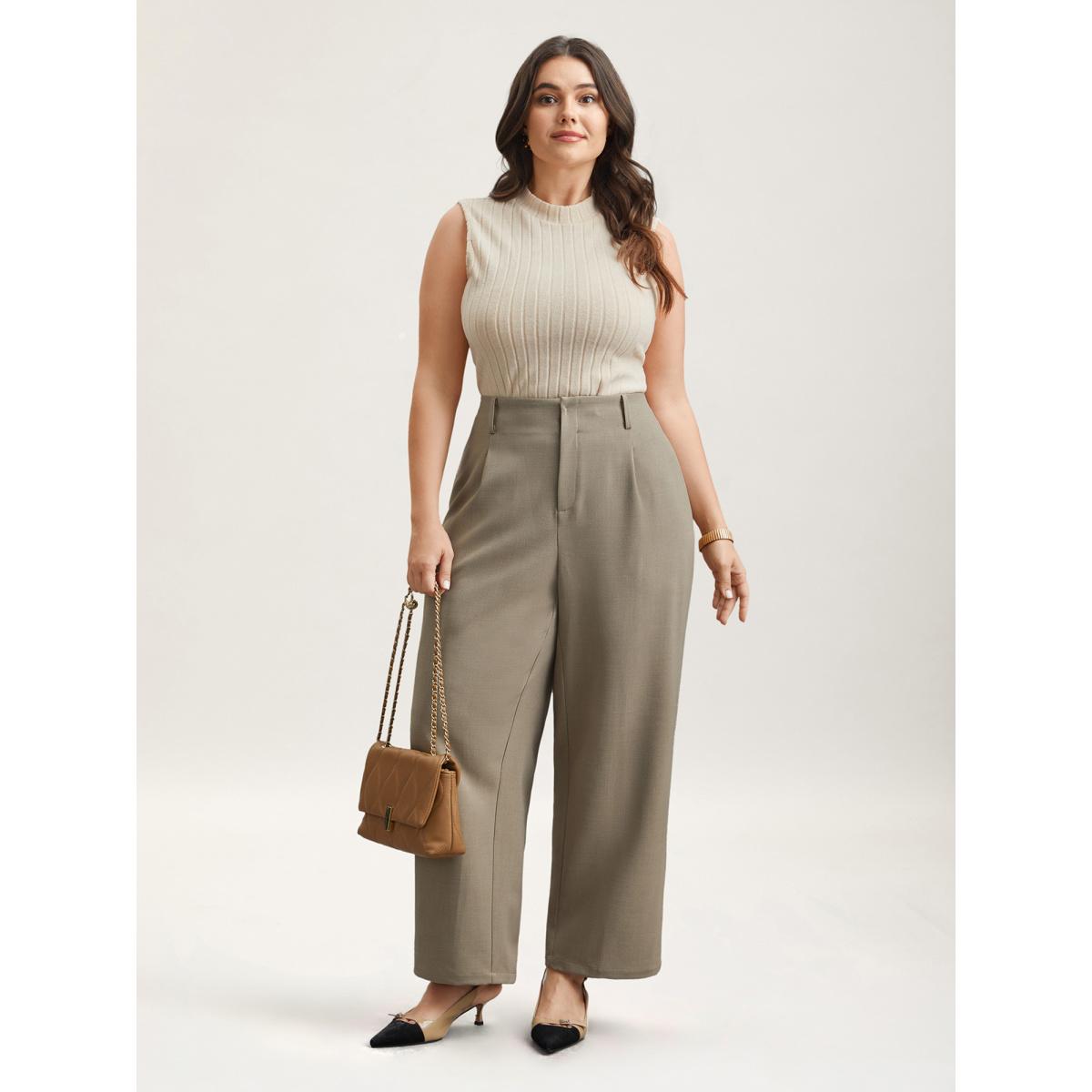 Plus Size Pleated Straight-Leg Pants Women Champagne At the Office Straight Leg Mid Rise Work Pants BloomChic 18-20/2X Product Image