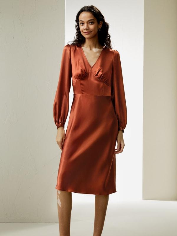 LILYSILK Long Sleeve Dress Silk for Women Red Clay Natural Silk Versatile Pleated Cups Dress 2 Product Image