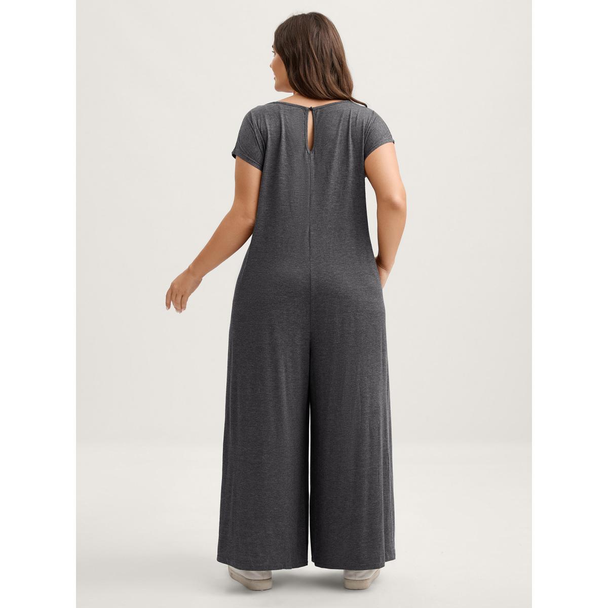 Plus Size DimGray Supersoft Waist-Contouring Wide-Leg Jumpsuit Women Leisure Cap Sleeve Heart neckline Casual Loose Jumpsuits BloomChic 10/M Product Image
