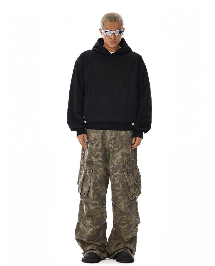 RT No. 12118 BLACK RECONSTRUCTED PULLOVER HOODIE Product Image