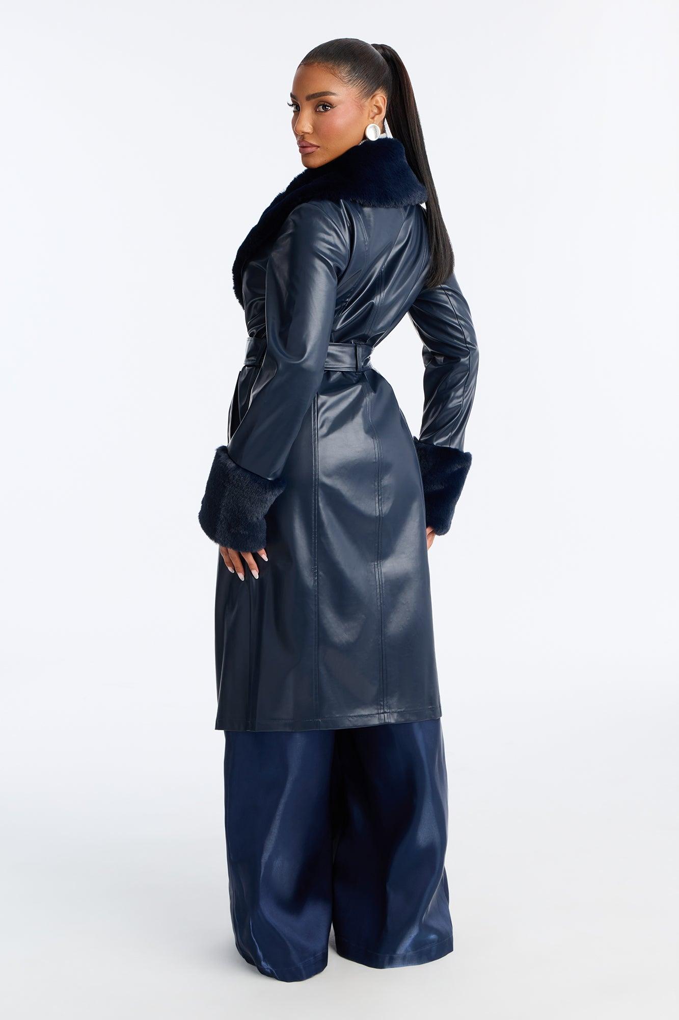 Milana Fur Trim Faux Leather Coat - Navy Female Product Image