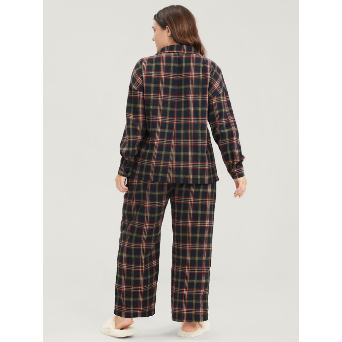 Plus Size Plaid Pocket Button Through Pajama Set Women DarkBlue Plaid Button Long Sleeve Shirt collar Casual Loungewear Sets BloomChic 10/M Product Image