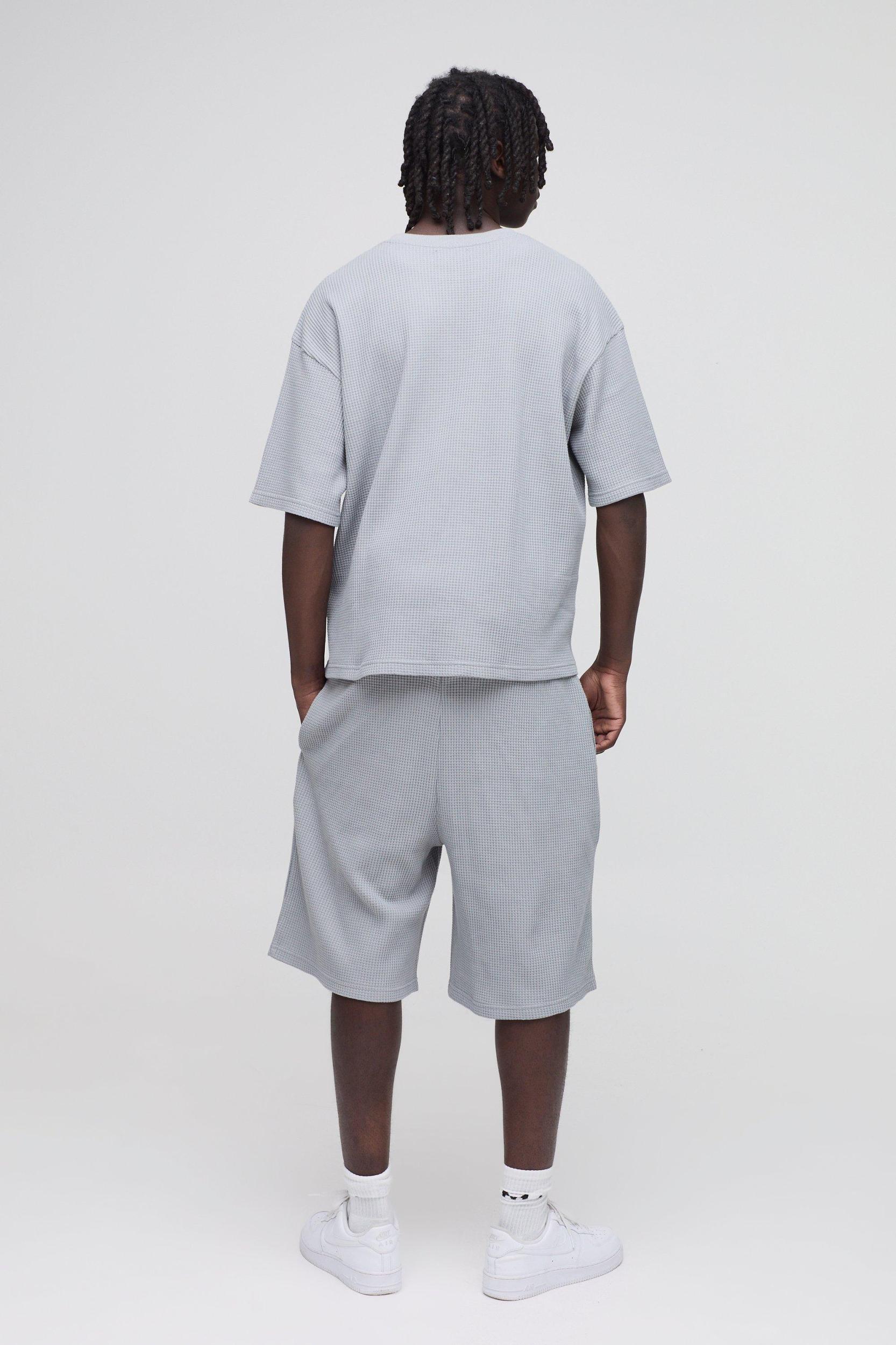 Oversized Boxy Waffle T-Shirt and Mid Length Short Tracksuit | boohooMAN USA Product Image
