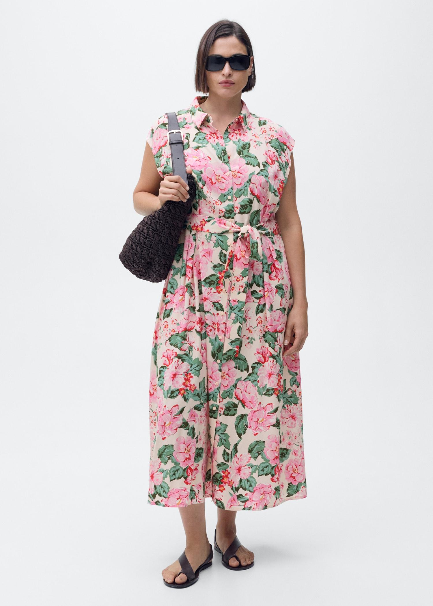 Printed shirt dress with belt - Women | MANGO USA Product Image