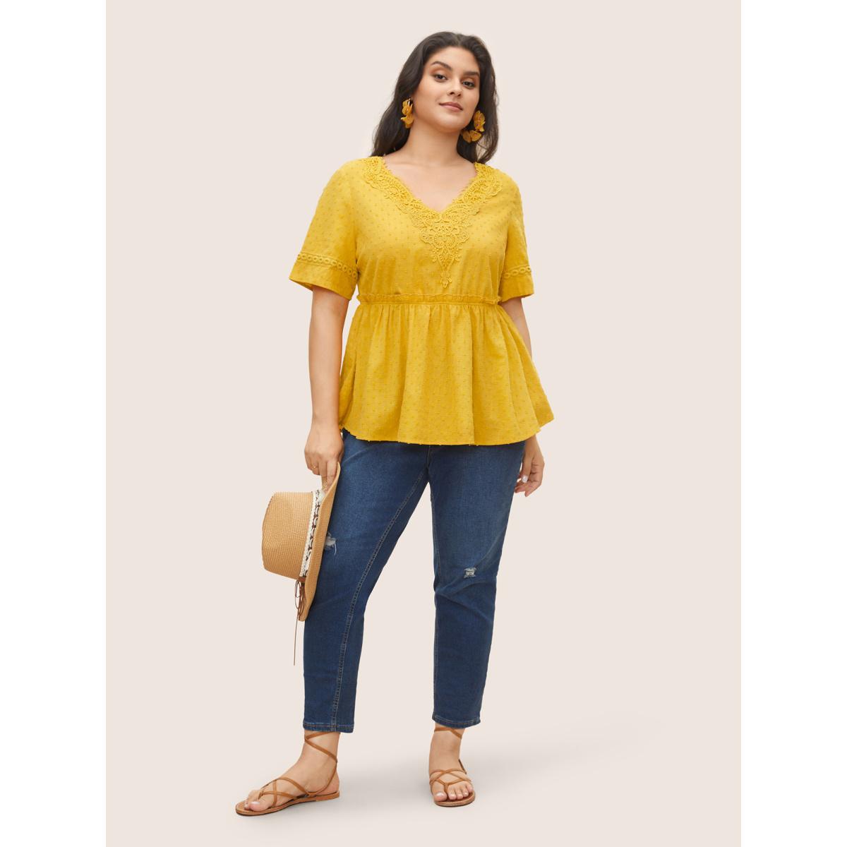 Plus Size Yellow Solid Woven Ribbon Frill Trim Gathered Blouse Women Resort Short sleeve V-neck Vacation Blouses BloomChic 22-24/3X Product Image
