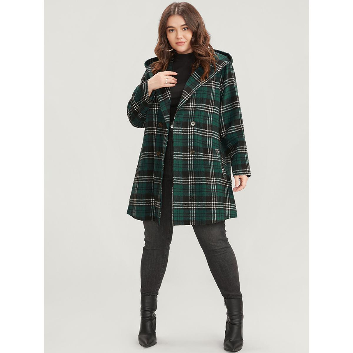 Plus Size Plaid Double Breasted Pocket Hooded Coat Women DarkGreen Casual Pocket Ladies Dailywear Winter Coats BloomChic 12/L Product Image