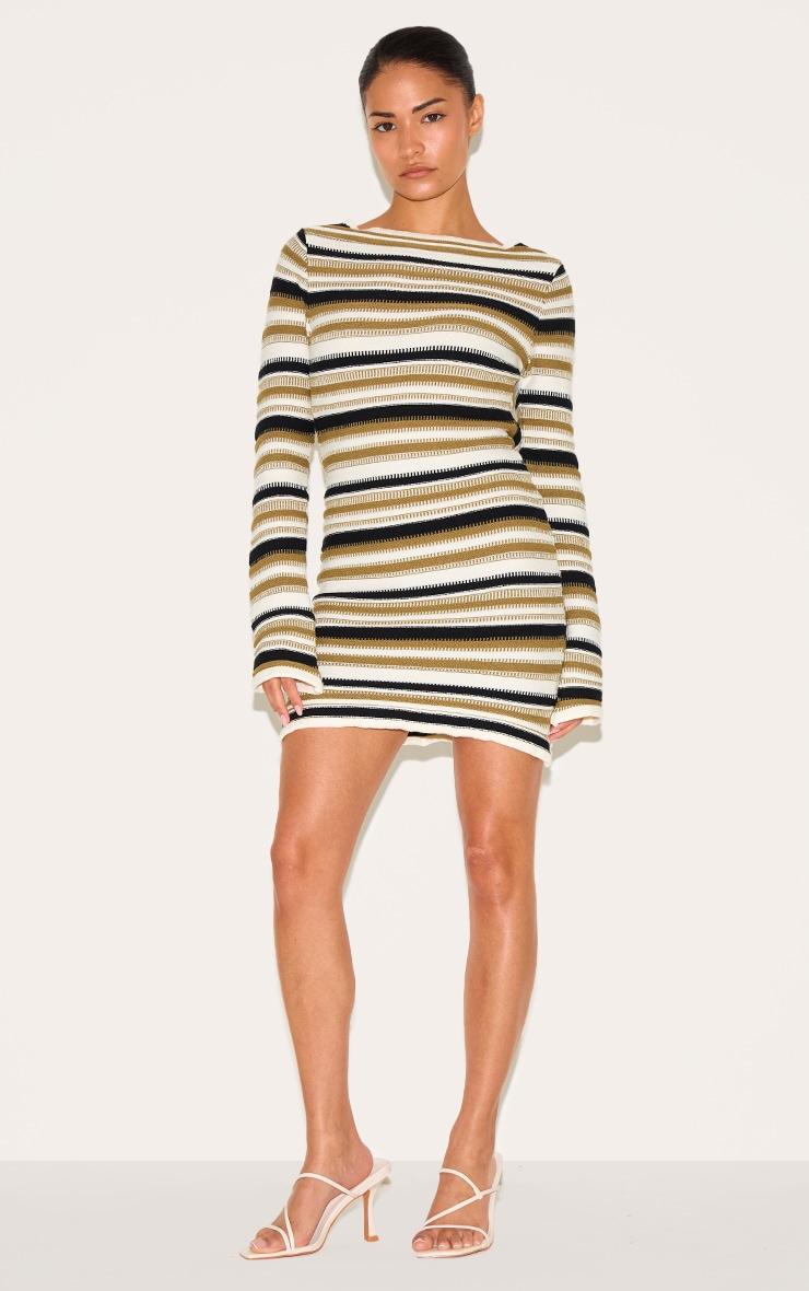 Petite Green Knitted Stripe Long Sleeve Mini Dress Product Image