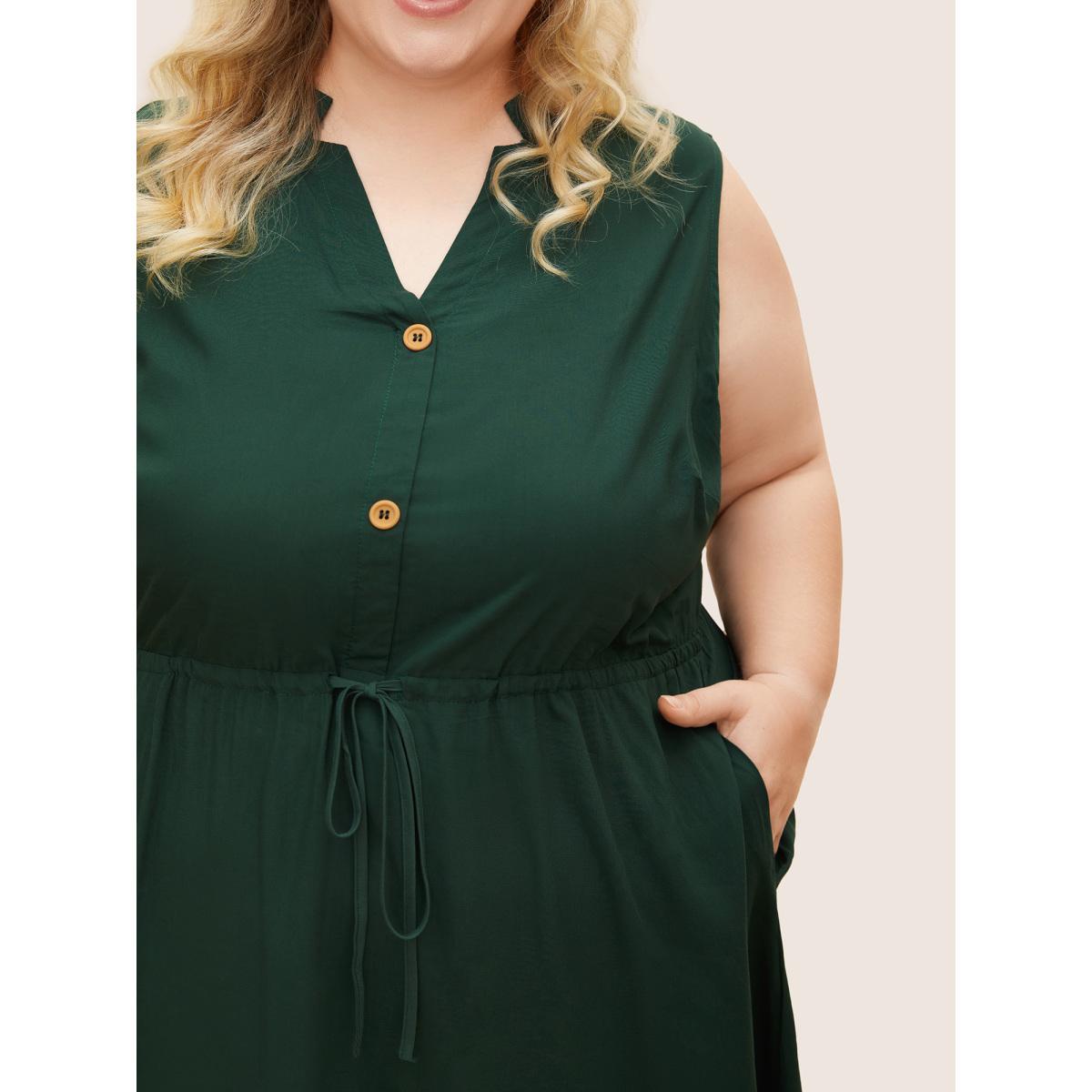Plus Size Plain Ties Front Button Pocket V Neck Dress DarkGreen Women Office Button V-neck Sleeveless Curvy Knee Dress BloomChic 18-20/2X Product Image