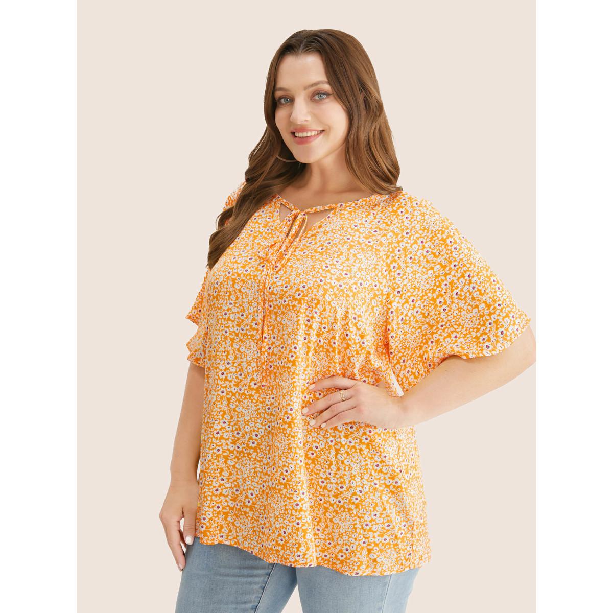 Plus Size Yellow Ditsy Floral Ruffle Sleeve Tie Neck Blouse Women Elegant Short sleeve V-neck Everyday Blouses BloomChic 18-20/2X Product Image
