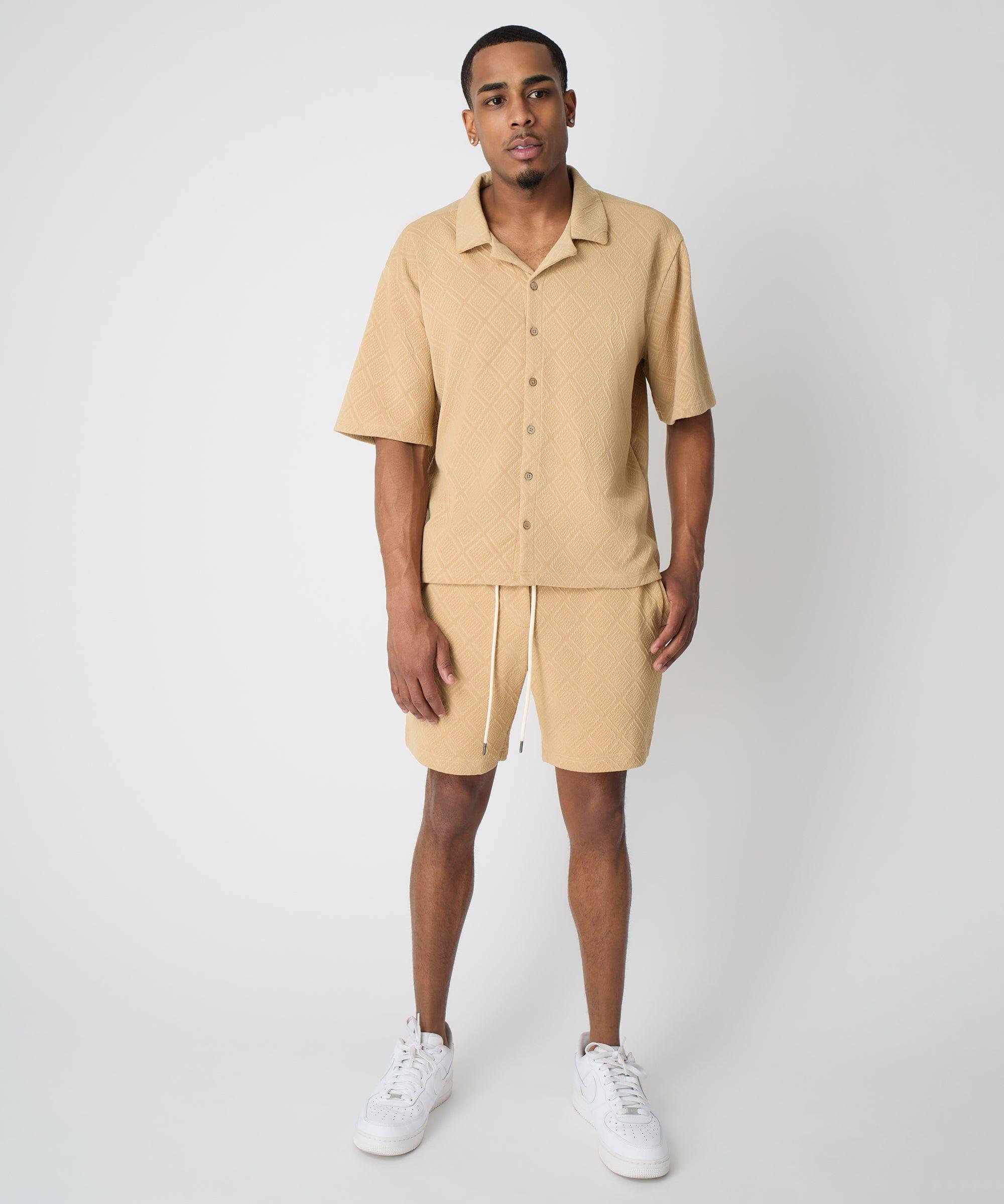 Textured Knit Short Sleeve Button Down Shirt - Taupe Product Image