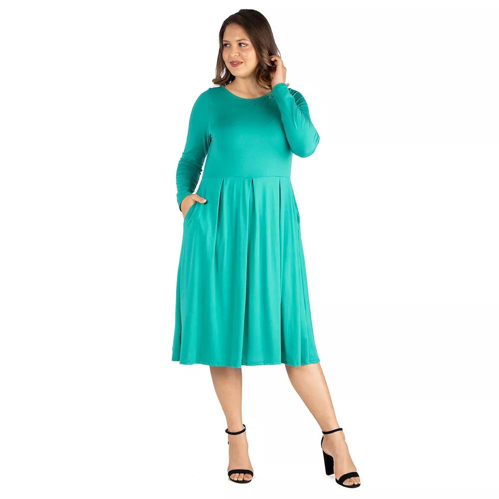 Plus Size 24seven Comfort Apparel Long Sleeve Fit and Flare Midi Dress, Women's, Size: 2XL, Green Product Image