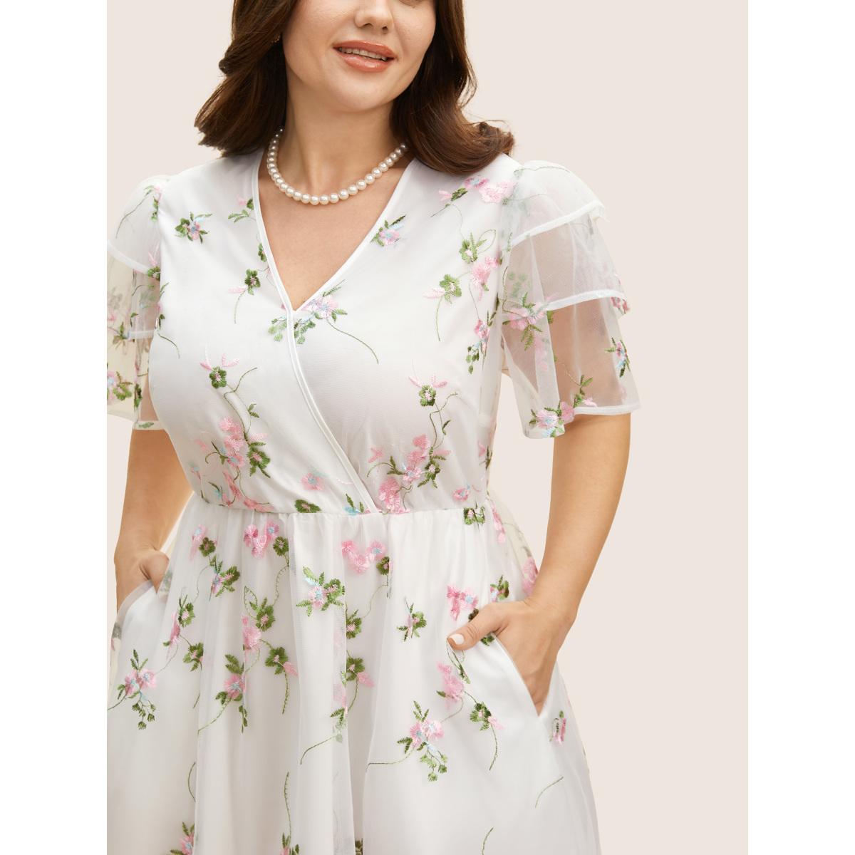 Plus Size Overlap Collar Mesh Floral Embroidered Tiered Ruffles Dress Originalwhite Women Formal Texture Overlap Collar Short sleeve Curvy BloomChic 18-20/2X Product Image