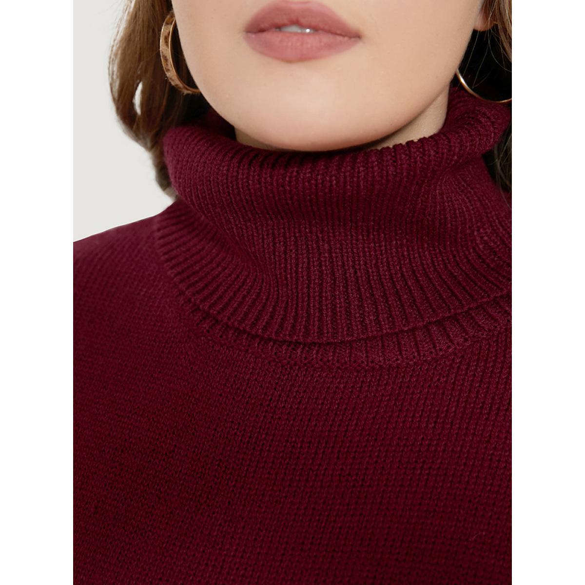 Plus Size Solid Pointelle Knit Button Detail Funnel Neck Knit Top Scarlet Women Casual Loose Long Sleeve Turtleneck Dailywear Pullovers BloomChic 12/L Product Image