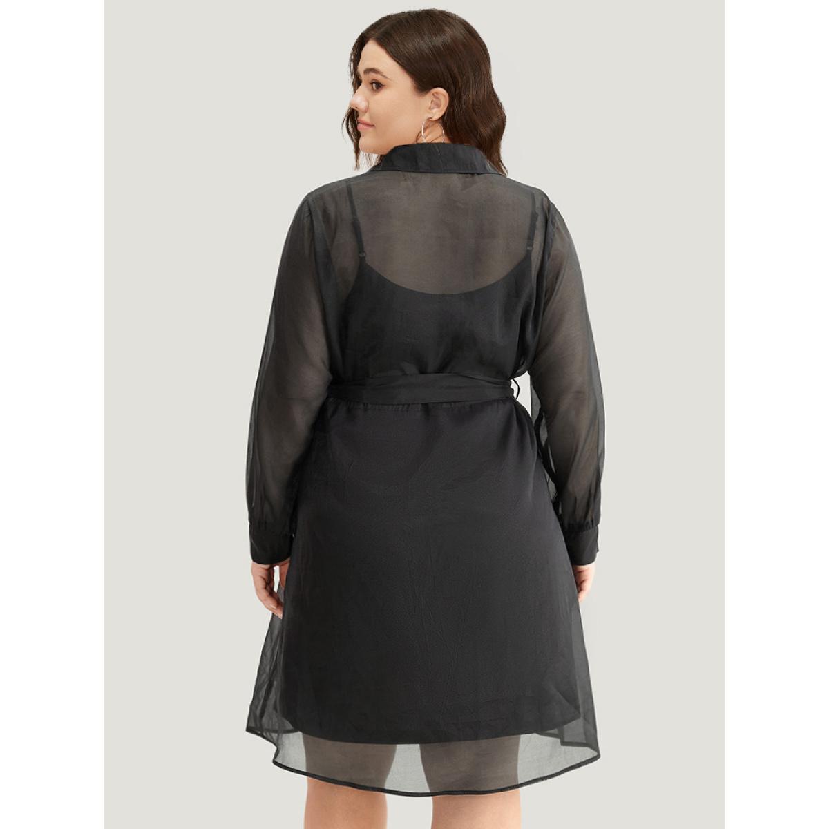 Plus Size Shirt Collar Button Up Belted Mesh Dress Black Women Elegant Lined Shirt collar Long Sleeve Curvy Midi Dress BloomChic 30/6X Product Image