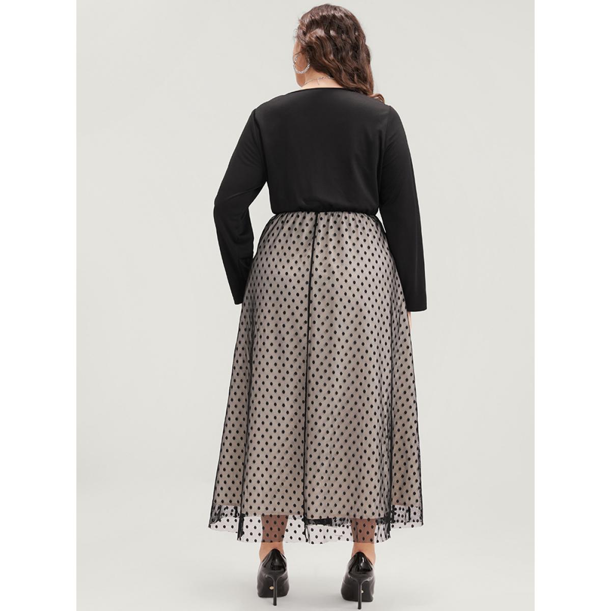 Plus Size Solid Patchwork Pocket V Neck Polka Dot Mesh Dress Black Women Glamour Pocket V-neck Long Sleeve Curvy Long Dress BloomChic 10/M Product Image