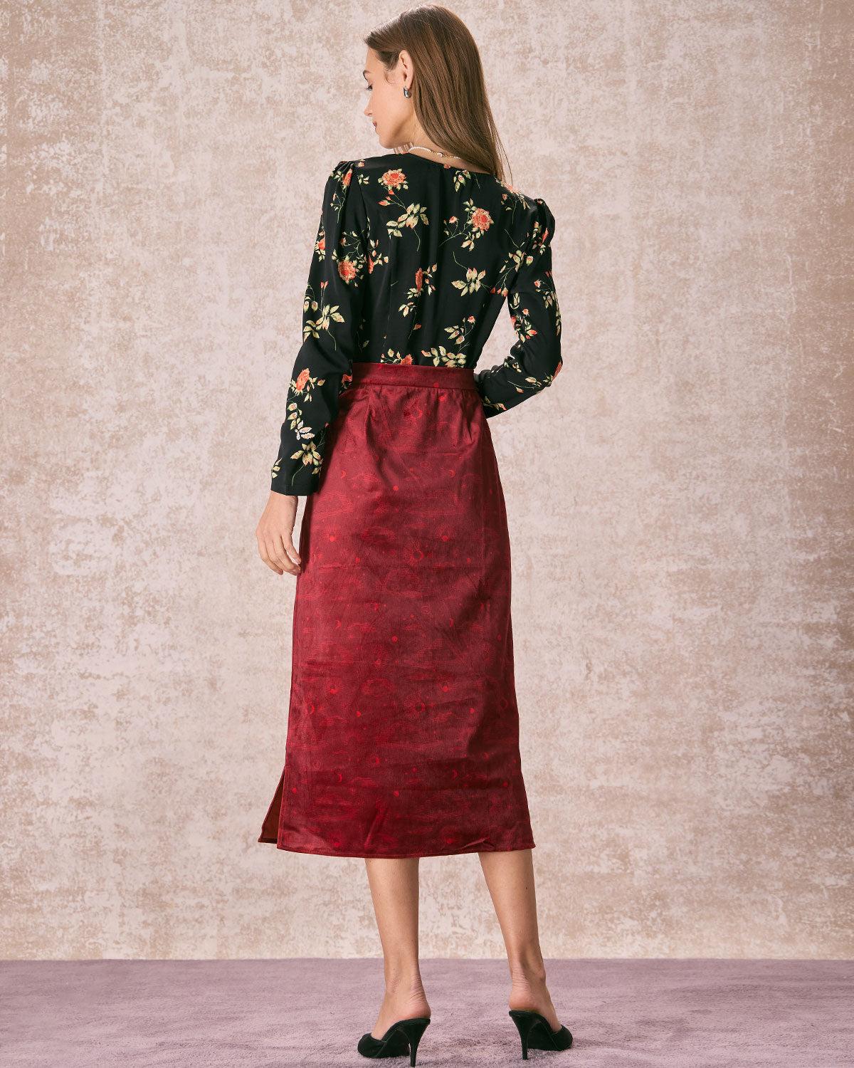 The Wine Red Split Hem Velvet Midi Skirt Product Image
