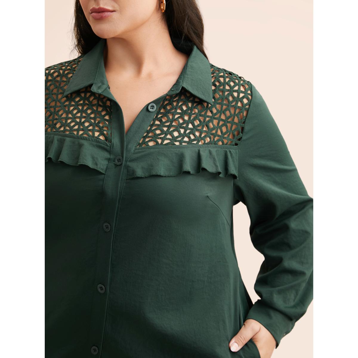 Plus Size Solid Cut Out Ruffle Trim Arc Hem Dress DarkGreen Women Casual Cut-Out Shirt collar Long Sleeve Curvy BloomChic 12/L Product Image